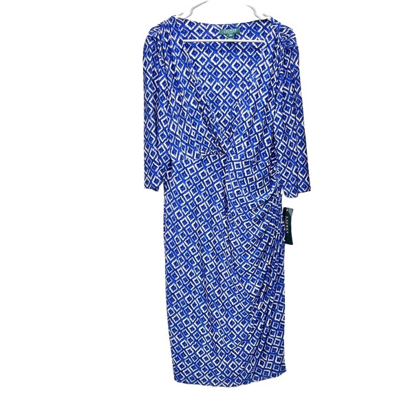 NWT Ralph Lauren Blue Geo Faux Wrap 3/4 Sleeve Stretch Sheath Dress Size 16W‎ - Picture 1 of 10